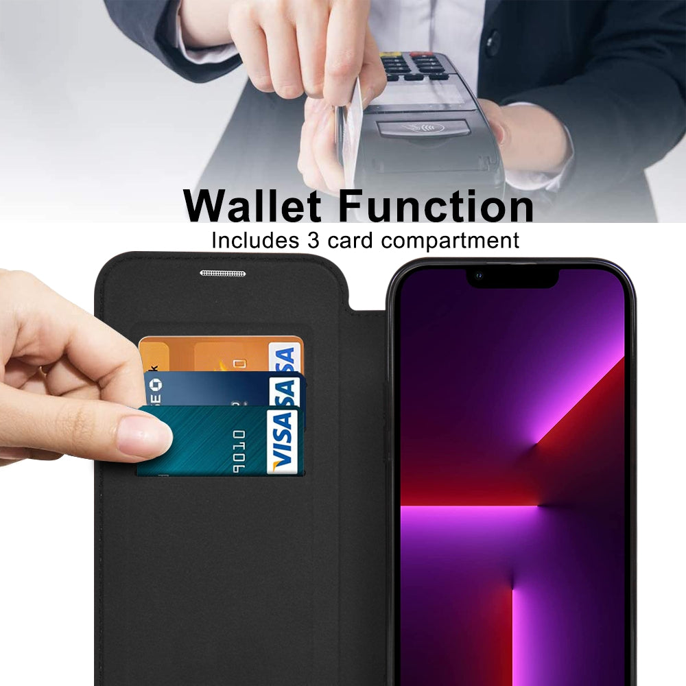 For iPhone 13 Pro 6.1 inch Compatible with MagSafe RFID Blocking Card Slots Shock-absorbing PU Leather TPU Electroplating Clear Back Flip Case with Lens Film