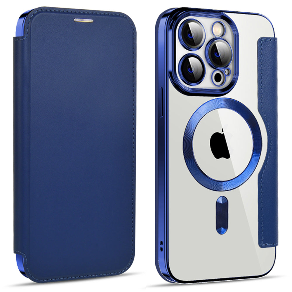 For iPhone 13 Pro 6.1 inch Compatible with MagSafe RFID Blocking Card Slots Shock-absorbing PU Leather TPU Electroplating Clear Back Flip Case with Lens Film