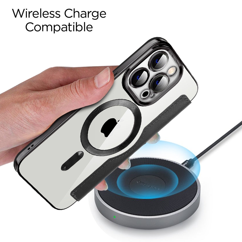 For iPhone 13 Pro 6.1 inch Compatible with MagSafe RFID Blocking Card Slots Shock-absorbing PU Leather TPU Electroplating Clear Back Flip Case with Lens Film