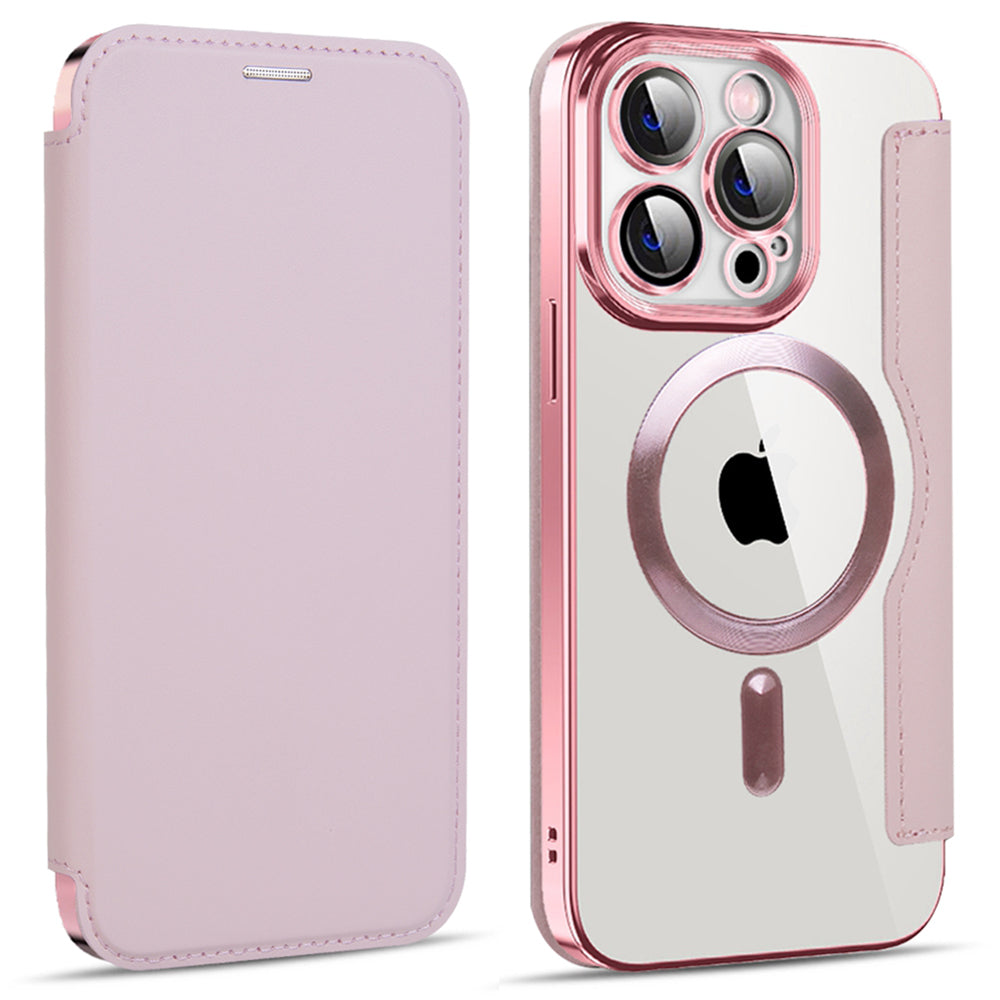 For iPhone 13 Pro 6.1 inch Compatible with MagSafe RFID Blocking Card Slots Shock-absorbing PU Leather TPU Electroplating Clear Back Flip Case with Lens Film