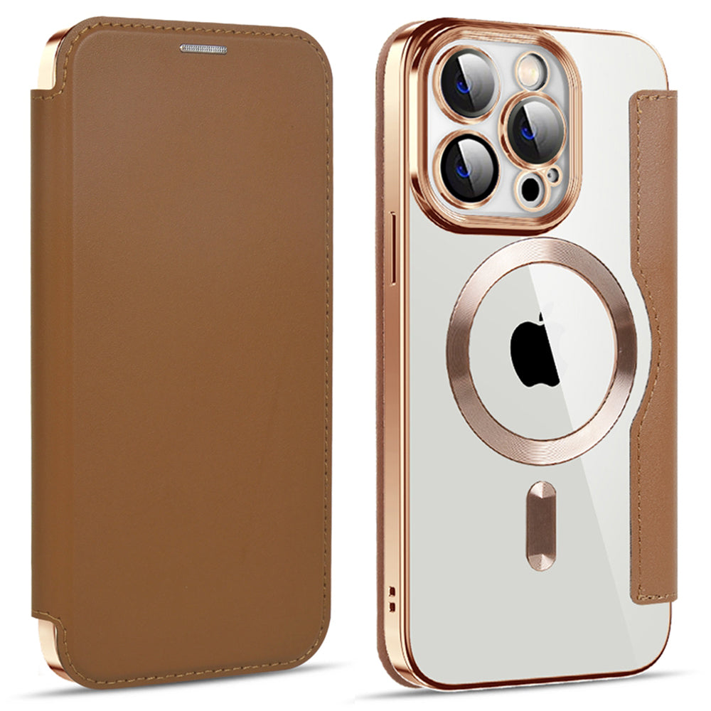 For iPhone 13 Pro 6.1 inch Compatible with MagSafe RFID Blocking Card Slots Shock-absorbing PU Leather TPU Electroplating Clear Back Flip Case with Lens Film