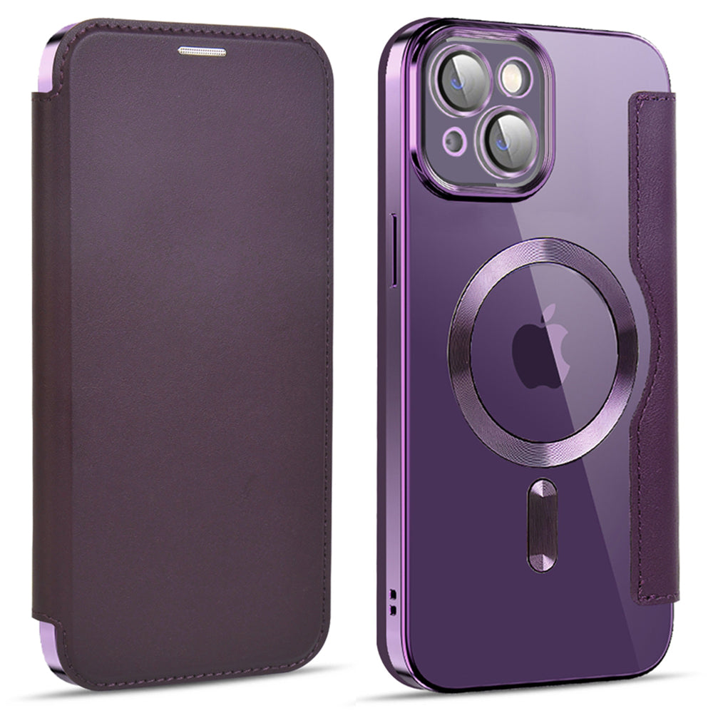 For iPhone 13 6.1 inch RFID Blocking Card Slots Compatible with MagSafe PU Leather TPU Electroplating Clear Back Flip Case with Lens Film