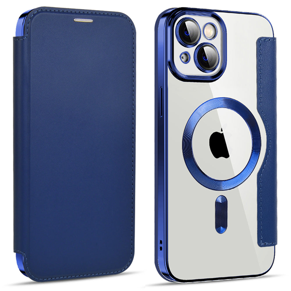For iPhone 13 6.1 inch RFID Blocking Card Slots Compatible with MagSafe PU Leather TPU Electroplating Clear Back Flip Case with Lens Film