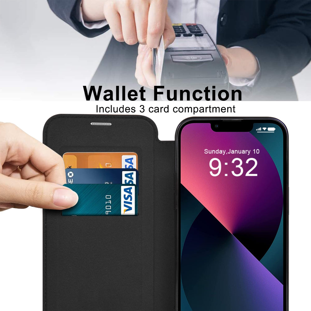 For iPhone 13 6.1 inch RFID Blocking Card Slots Compatible with MagSafe PU Leather TPU Electroplating Clear Back Flip Case with Lens Film