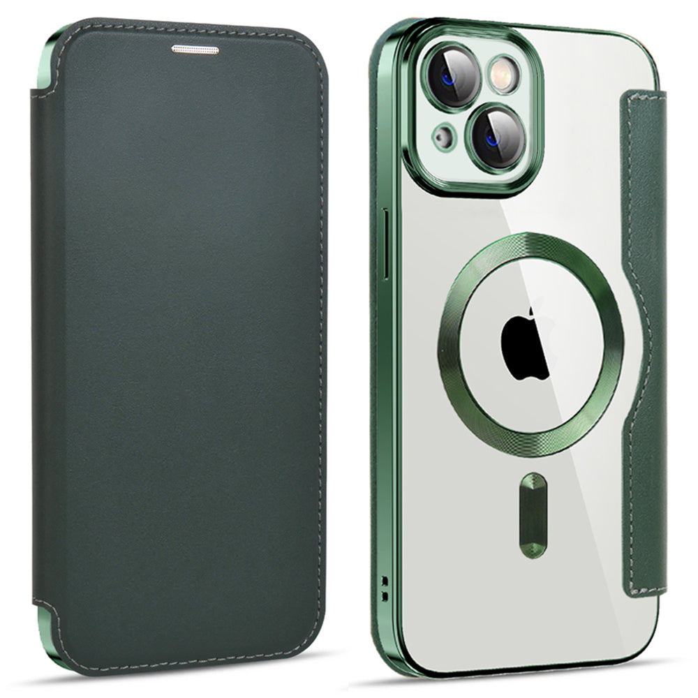 For iPhone 13 6.1 inch RFID Blocking Card Slots Compatible with MagSafe PU Leather TPU Electroplating Clear Back Flip Case with Lens Film