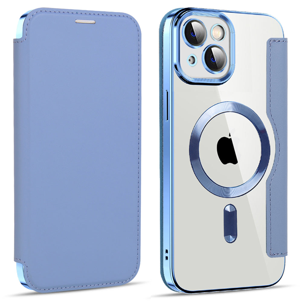 For iPhone 13 6.1 inch RFID Blocking Card Slots Compatible with MagSafe PU Leather TPU Electroplating Clear Back Flip Case with Lens Film