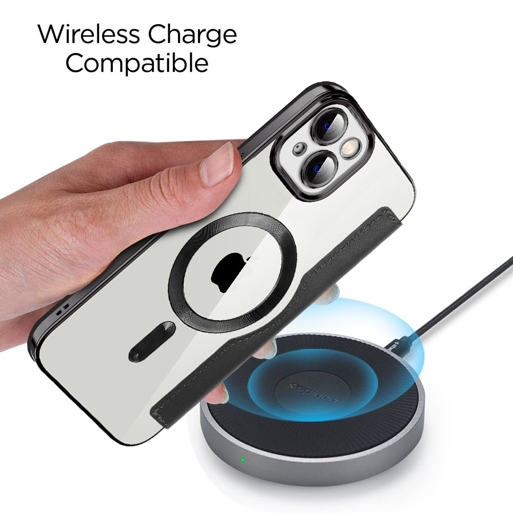 For iPhone 13 6.1 inch RFID Blocking Card Slots Compatible with MagSafe PU Leather TPU Electroplating Clear Back Flip Case with Lens Film