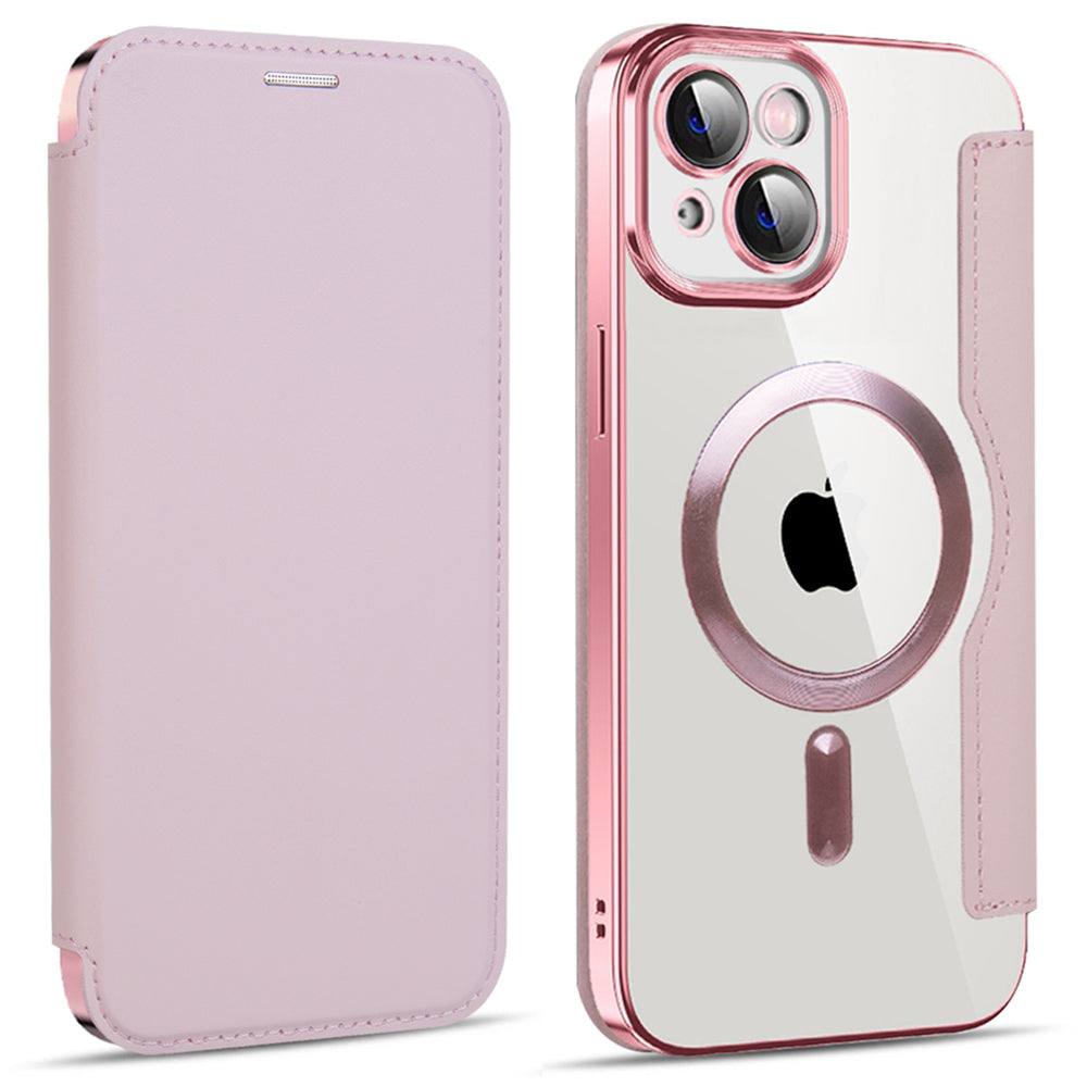 For iPhone 13 6.1 inch RFID Blocking Card Slots Compatible with MagSafe PU Leather TPU Electroplating Clear Back Flip Case with Lens Film