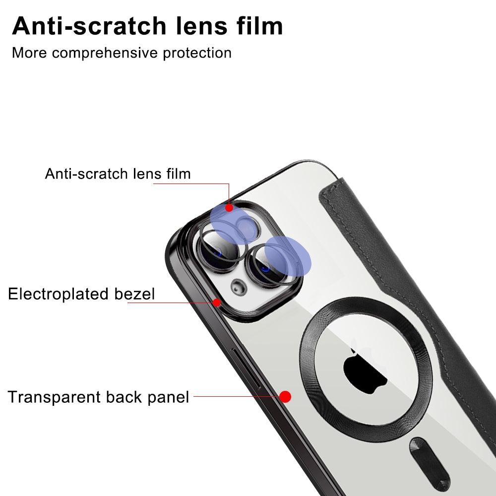 For iPhone 13 6.1 inch RFID Blocking Card Slots Compatible with MagSafe PU Leather TPU Electroplating Clear Back Flip Case with Lens Film