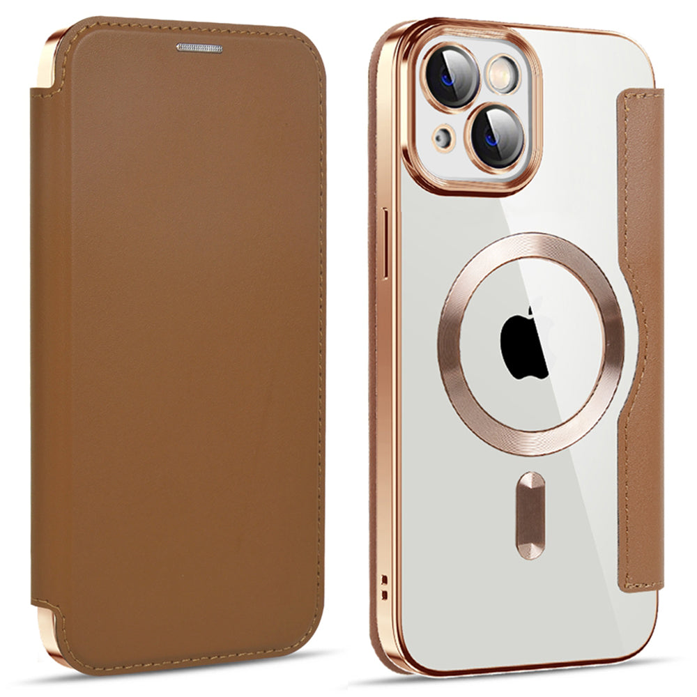 For iPhone 13 6.1 inch RFID Blocking Card Slots Compatible with MagSafe PU Leather TPU Electroplating Clear Back Flip Case with Lens Film