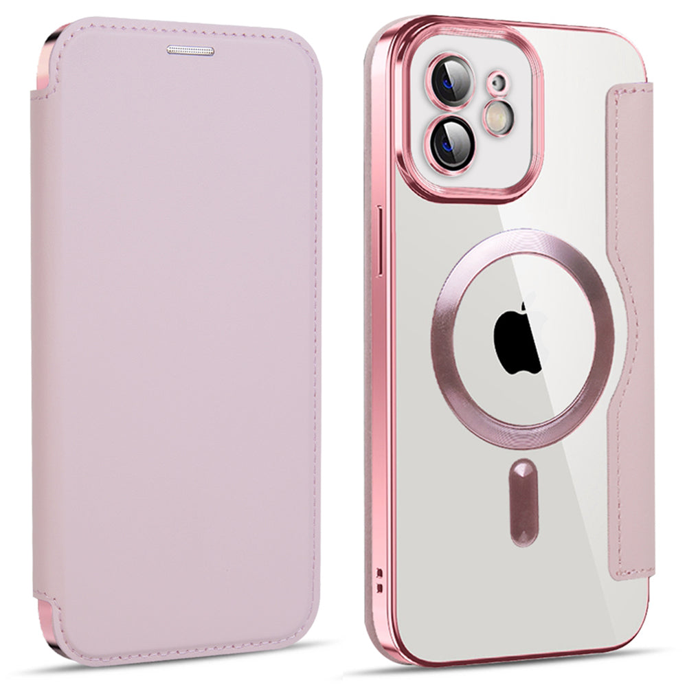 Phone Cover for iPhone 12 6.1 inch Compatible with MagSafe RFID Blocking Card Slots Full Protection PU Leather TPU Electroplating Clear Back Flip Case with Lens Film