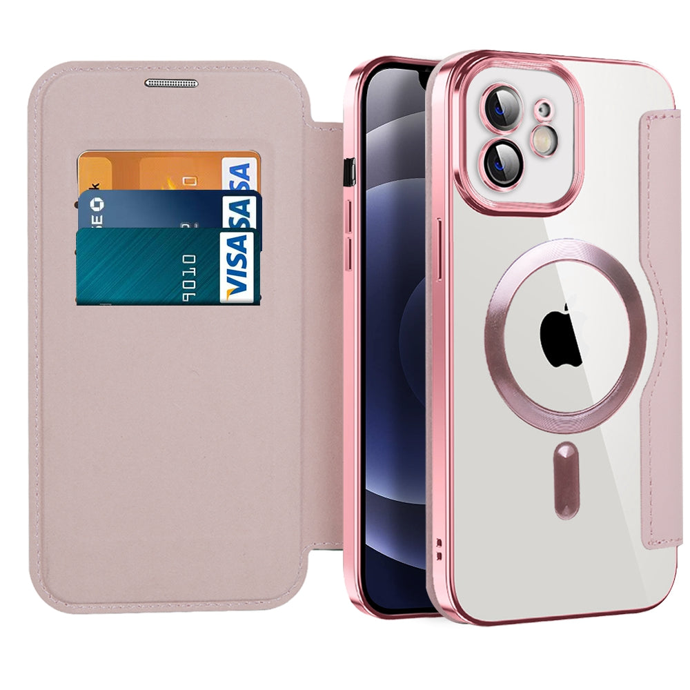Phone Cover for iPhone 12 6.1 inch Compatible with MagSafe RFID Blocking Card Slots Full Protection PU Leather TPU Electroplating Clear Back Flip Case with Lens Film