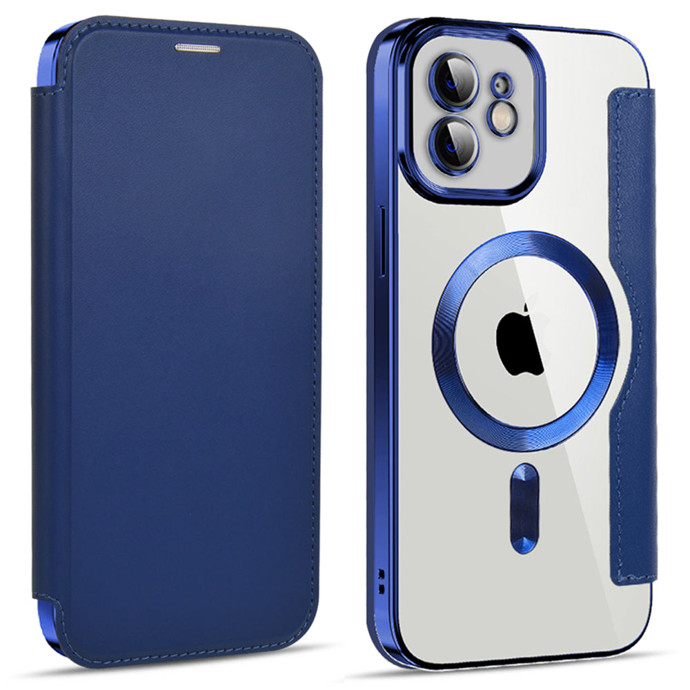 Phone Cover for iPhone 12 6.1 inch Compatible with MagSafe RFID Blocking Card Slots Full Protection PU Leather TPU Electroplating Clear Back Flip Case with Lens Film