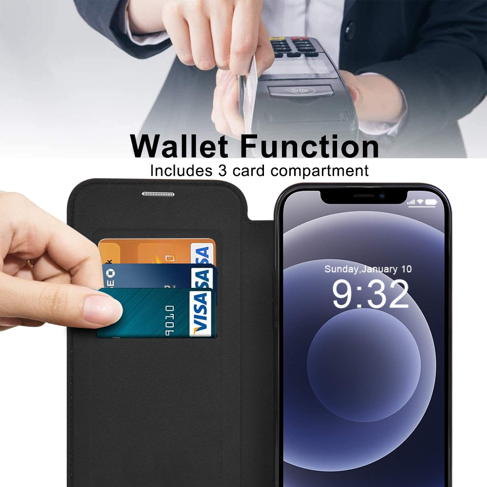 Phone Cover for iPhone 12 6.1 inch Compatible with MagSafe RFID Blocking Card Slots Full Protection PU Leather TPU Electroplating Clear Back Flip Case with Lens Film