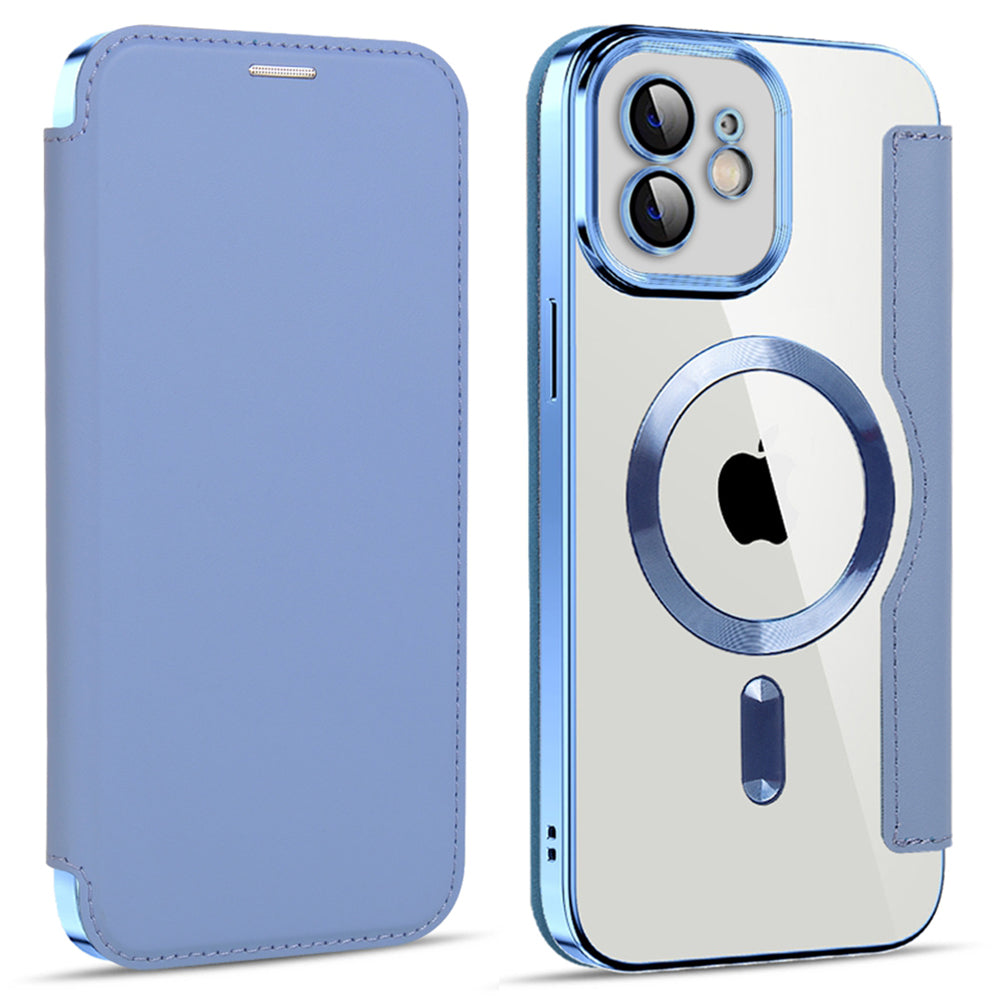 Phone Cover for iPhone 12 6.1 inch Compatible with MagSafe RFID Blocking Card Slots Full Protection PU Leather TPU Electroplating Clear Back Flip Case with Lens Film