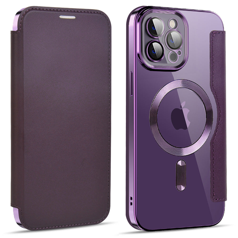 Phone Cover for iPhone 12 Pro 6.1 inch Compatible with MagSafe RFID Blocking Card Slots Well-protected PU Leather TPU Electroplating Clear Back Flip Case with Lens Film