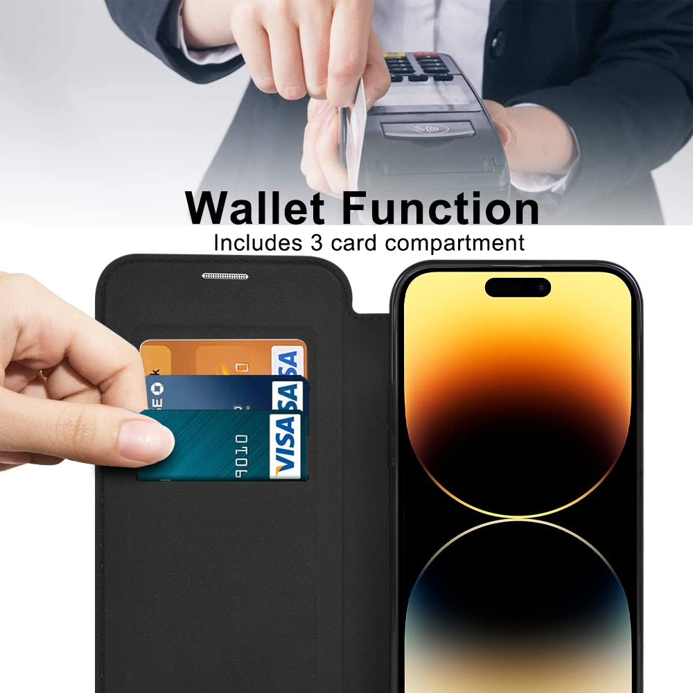Phone Cover for iPhone 14 Pro Compatible with MagSafe RFID Blocking Card Slots Fully Wrapped PU Leather TPU Electroplating Clear Back Flip Case with Lens Film