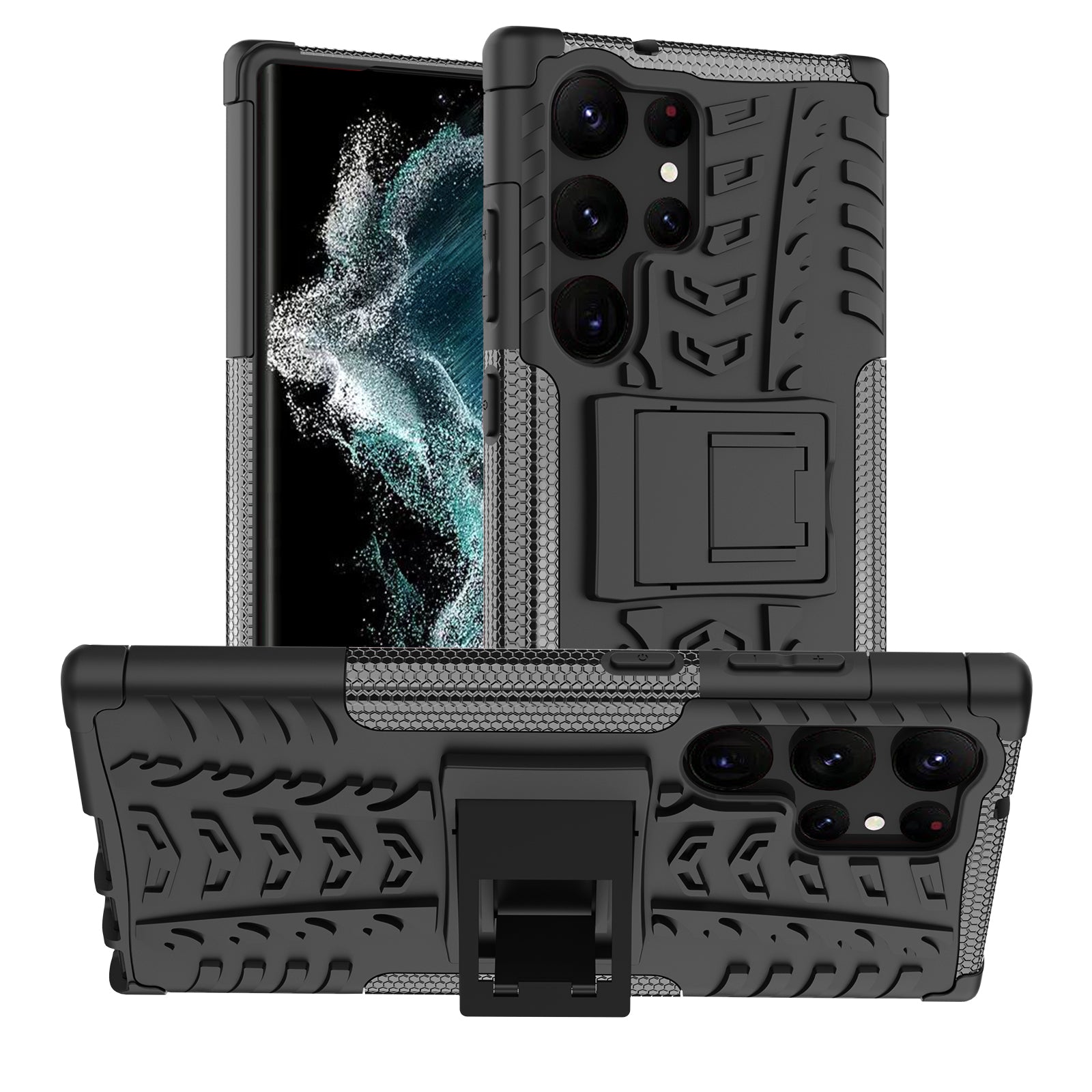 For Samsung Galaxy S23 Ultra Hard PC TPU Rugged Tire Pattern Kickstand Design Phone Case Back Cover