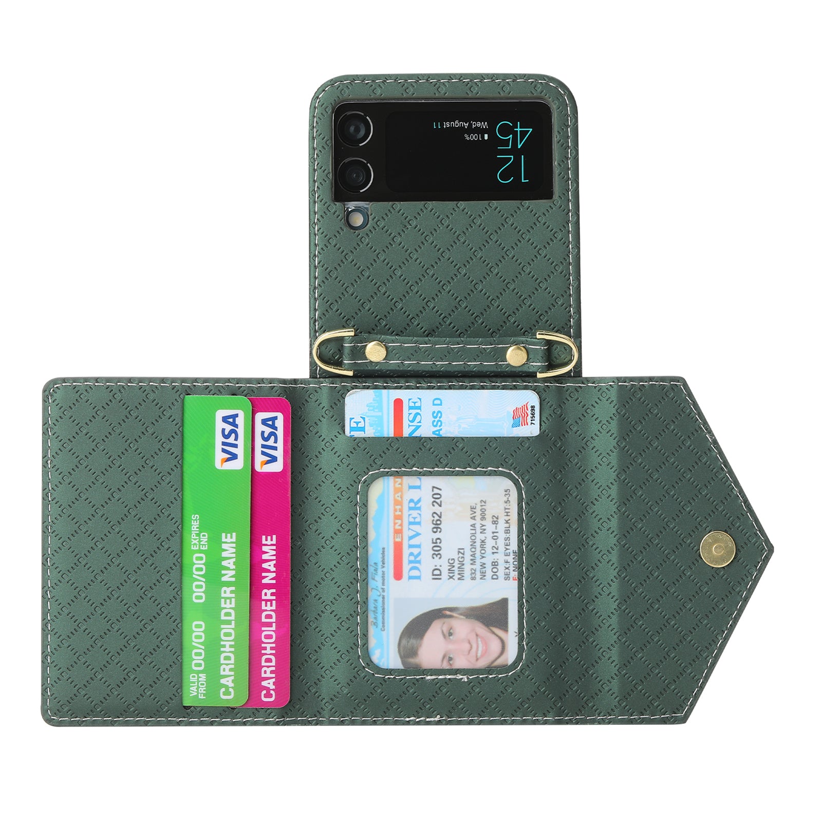 POLA 0819 Anti-fall Phone Case for Samsung Galaxy Z Flip3 5G Zipper Pocket PU Leather Kickstand Multiple Card Slots Wallet Cover with Shoulder Strap