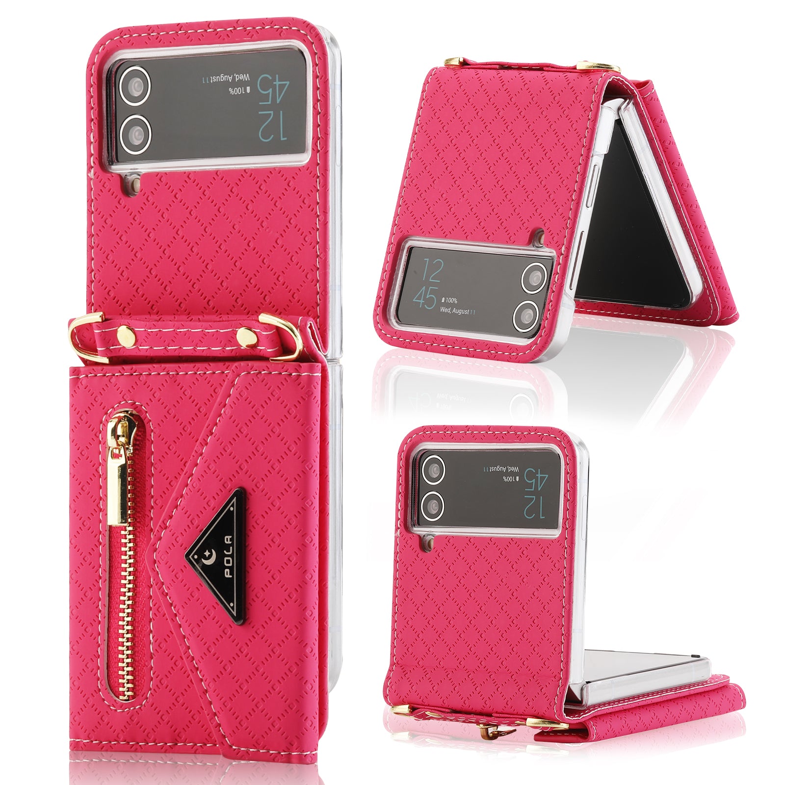 POLA 0819 Anti-fall Phone Case for Samsung Galaxy Z Flip3 5G Zipper Pocket PU Leather Kickstand Multiple Card Slots Wallet Cover with Shoulder Strap