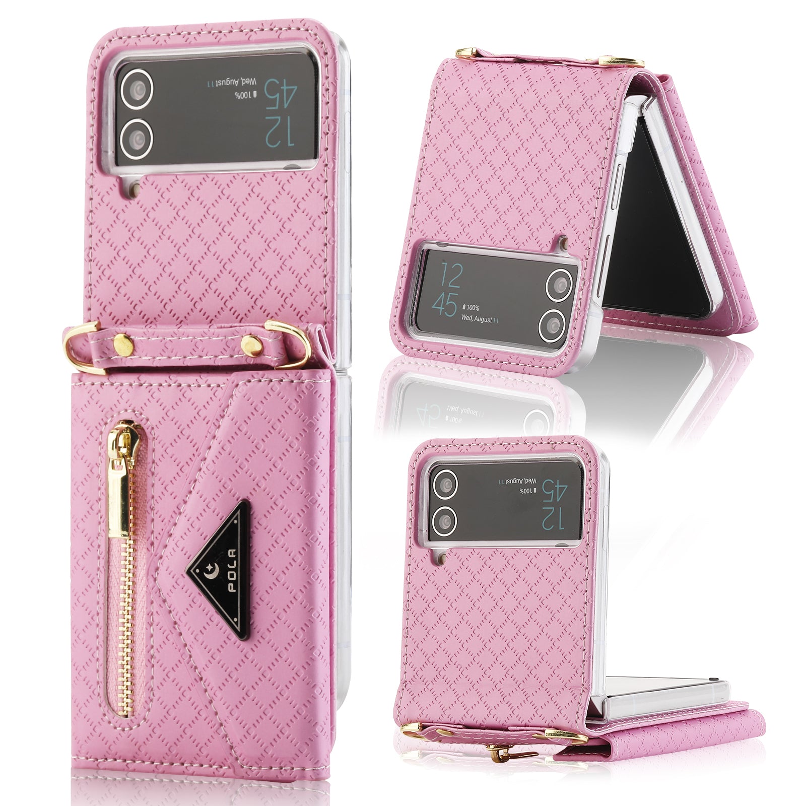 POLA 0819 Anti-fall Phone Case for Samsung Galaxy Z Flip3 5G Zipper Pocket PU Leather Kickstand Multiple Card Slots Wallet Cover with Shoulder Strap