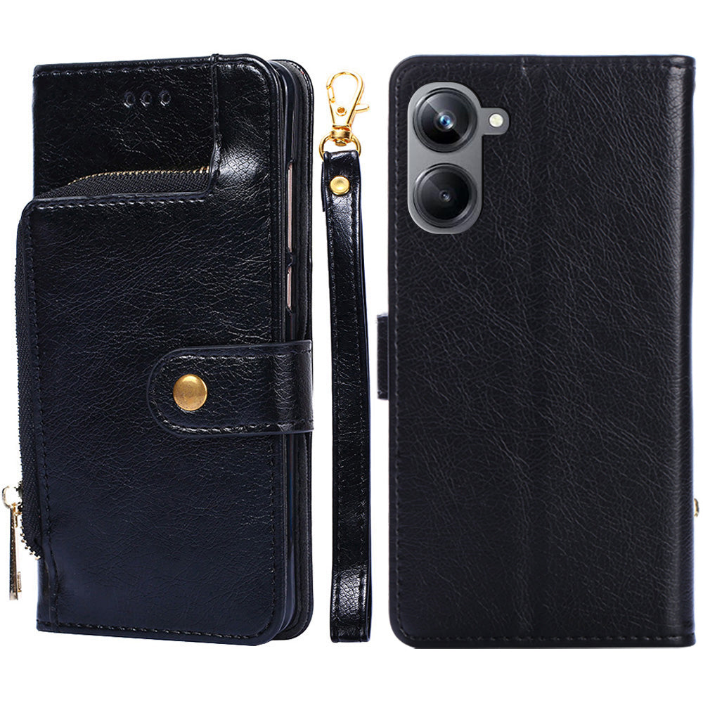 For Realme 10 Pro 5G Zipper Pocket Phone Case PU Leather Stand Wallet Full Protection Cover with Handy Strap