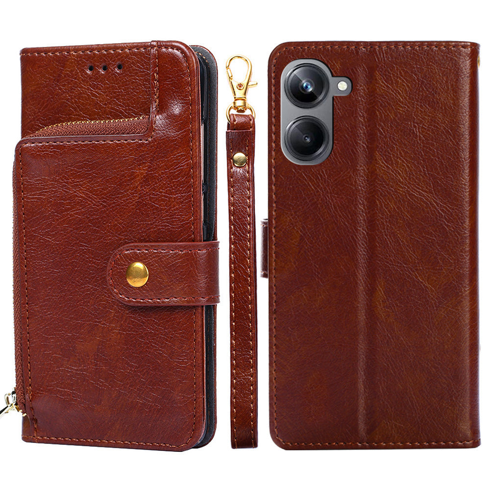 For Realme 10 Pro 5G Zipper Pocket Phone Case PU Leather Stand Wallet Full Protection Cover with Handy Strap