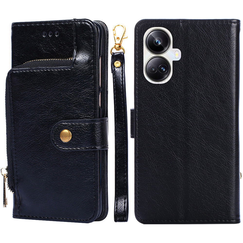 For Realme 10 Pro 5G Zipper Pocket PU Leather Shockproof Phone Case Wallet Stand Cover with Handy Strap