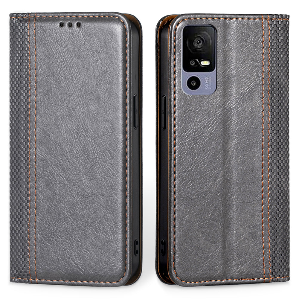 Plaid Pattern PU Leather Stand Case for TCL 40R 5G Magnetic Auto-closed Foldable Stand Cell Phone Cover