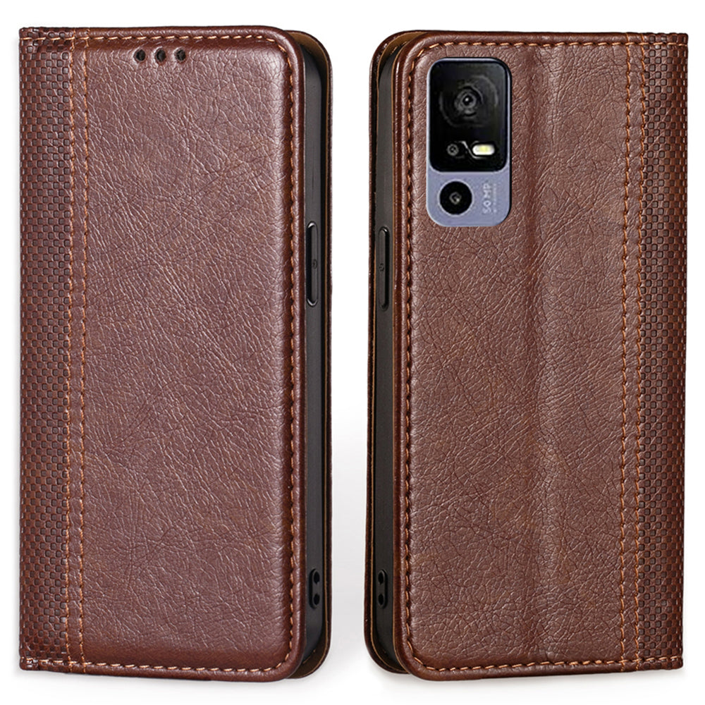 Plaid Pattern PU Leather Stand Case for TCL 40R 5G Magnetic Auto-closed Foldable Stand Cell Phone Cover