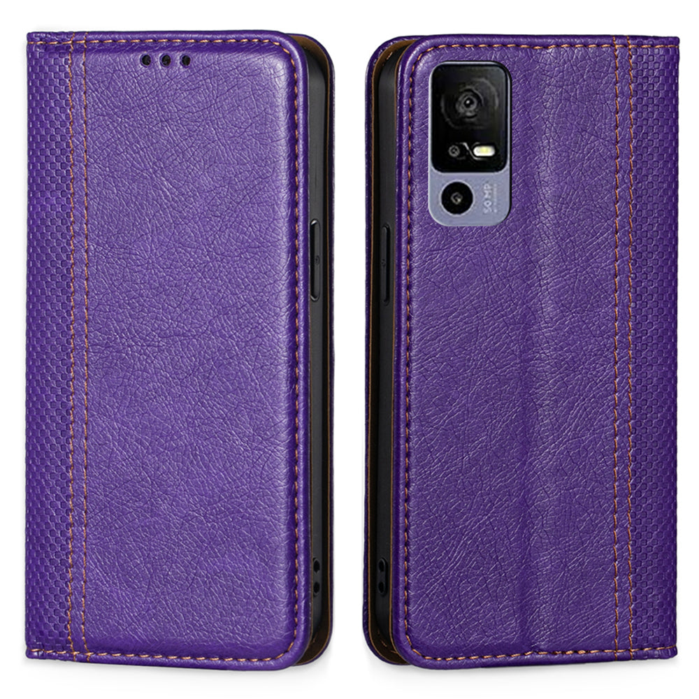 Plaid Pattern PU Leather Stand Case for TCL 40R 5G Magnetic Auto-closed Foldable Stand Cell Phone Cover