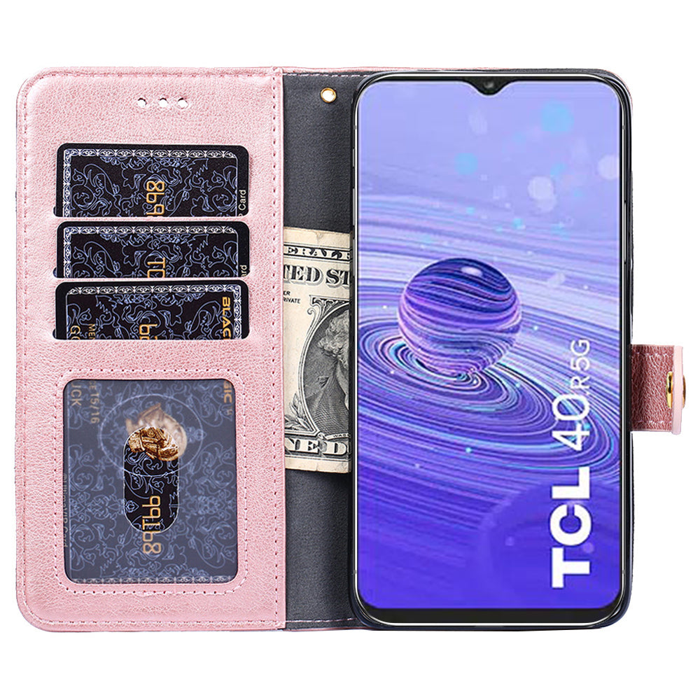 Zipper Pocket PU Leather Case for TCL 40R 5G Anti-scratch Phone Stand Wallet Cover with Handy Strap