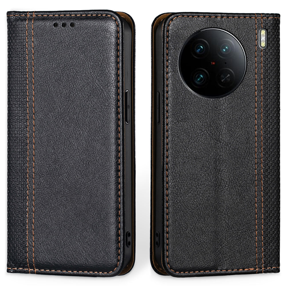 For vivo X90 Pro 5G Plaid Pattern Phone Case PU Leather Magnetic Auto-closed Shockproof Cover with Card Holder Stand
