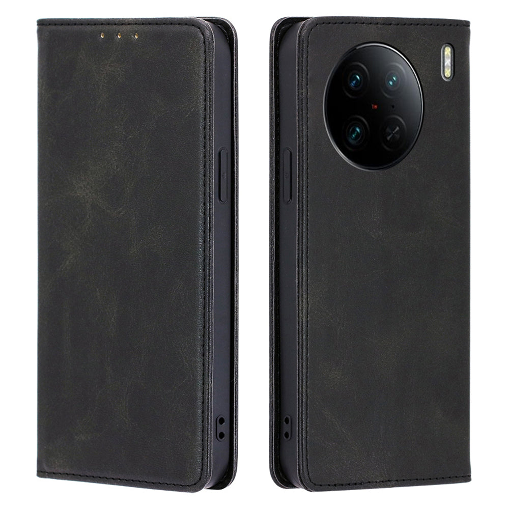 For vivo X90 Pro 5G Calf Texture PU Leather Magnetic Auto-absorbed Phone Case Full Protection Inner TPU Cover with Wallet Stand