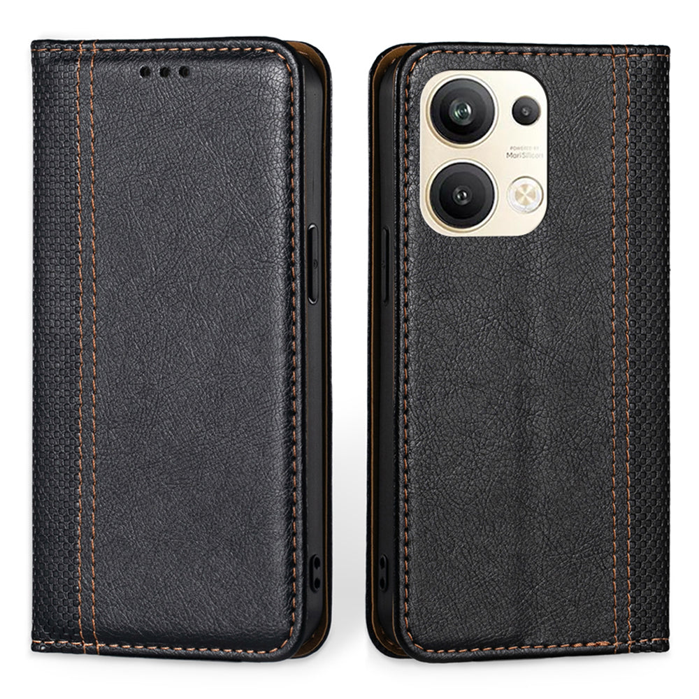 For Oppo Reno9 Pro 5G Plaid Pattern PU Leather Magnetic Auto-closed Phone Case Card Holder Stand Folio Flip Cover