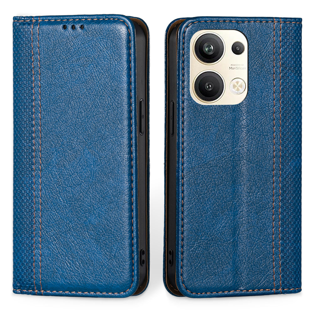 For Oppo Reno9 Pro 5G Plaid Pattern PU Leather Magnetic Auto-closed Phone Case Card Holder Stand Folio Flip Cover