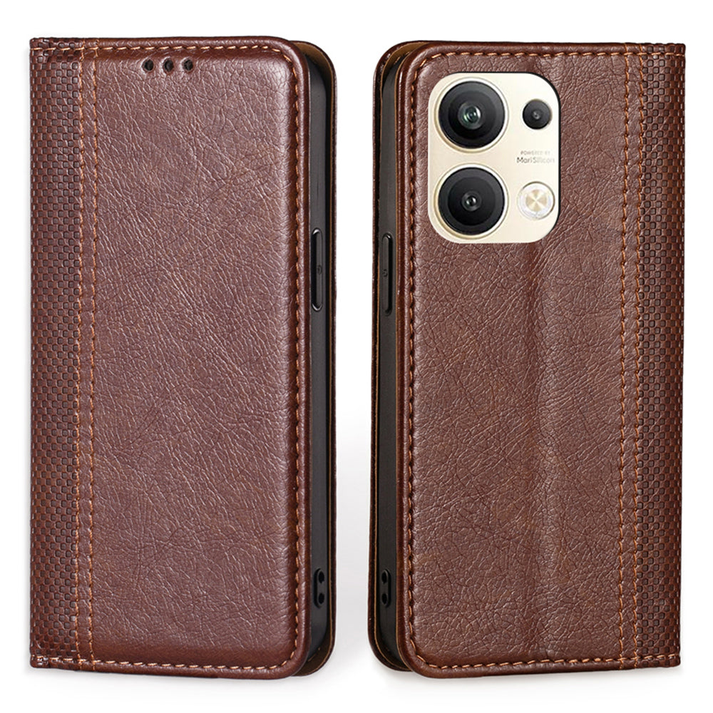 For Oppo Reno9 Pro 5G Plaid Pattern PU Leather Magnetic Auto-closed Phone Case Card Holder Stand Folio Flip Cover