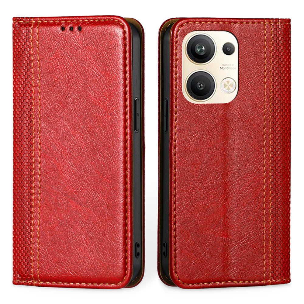 For Oppo Reno9 Pro 5G Plaid Pattern PU Leather Magnetic Auto-closed Phone Case Card Holder Stand Folio Flip Cover