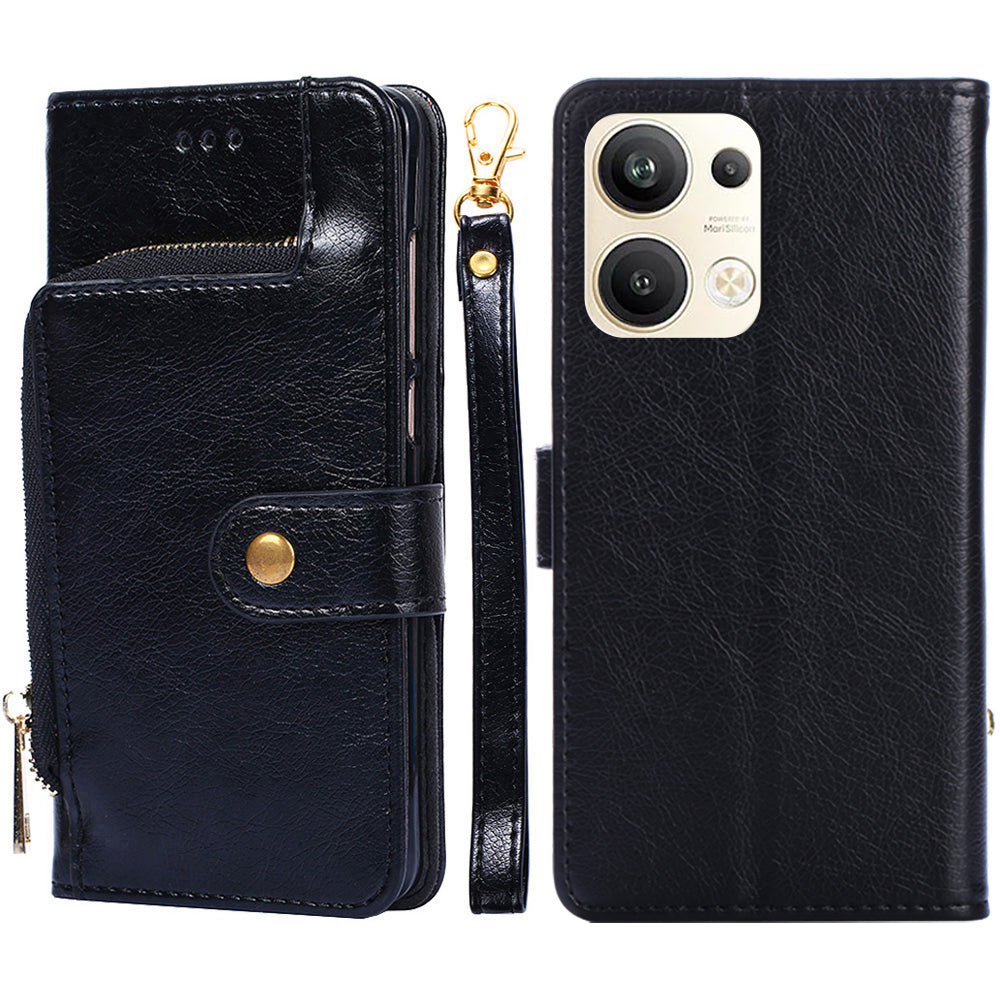For Oppo Reno9 Pro 5G Zipper Pocket Wallet Phone Case PU Leather Foldable Stand Folio Flip Cover with Handy Strap
