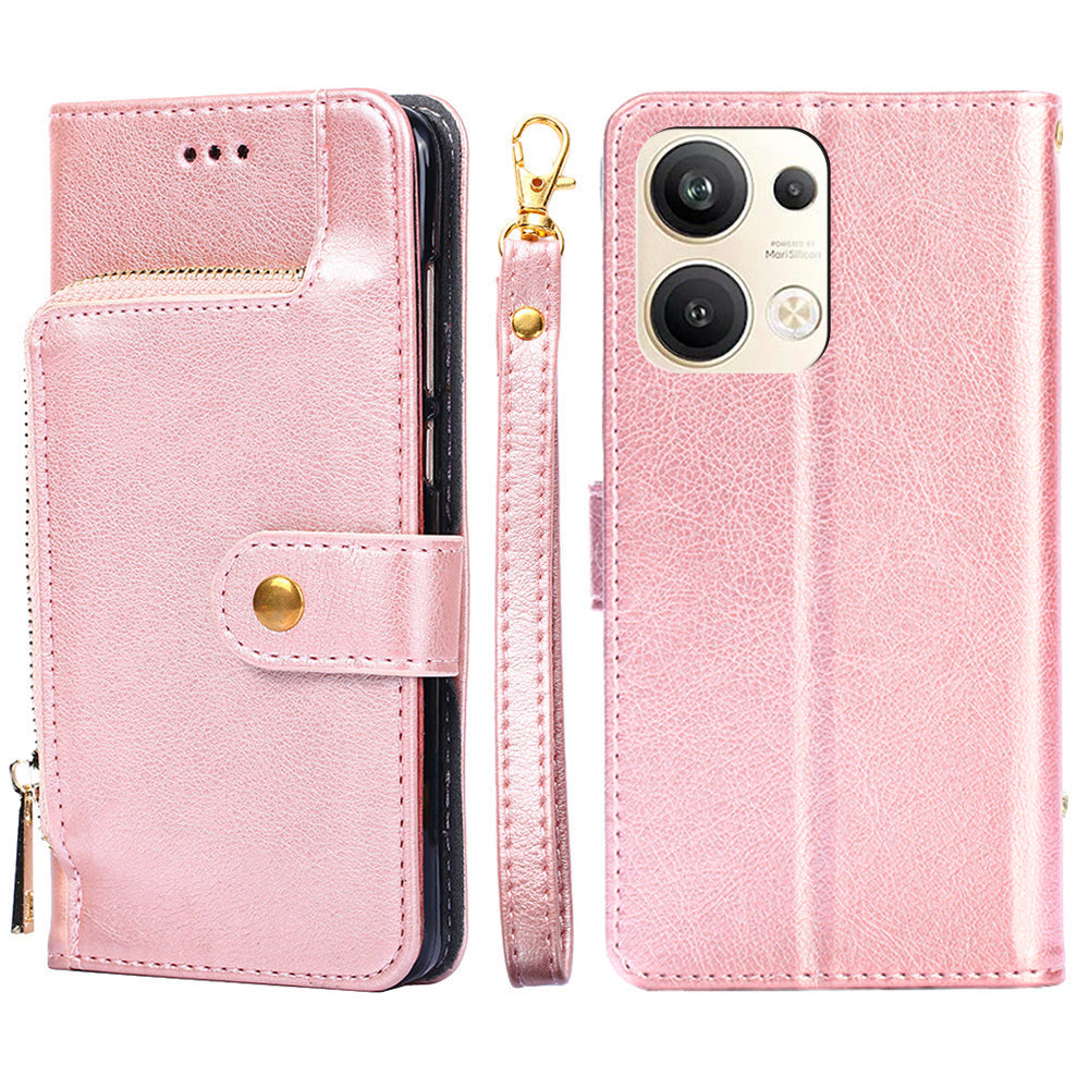 For Oppo Reno9 Pro 5G Zipper Pocket Wallet Phone Case PU Leather Foldable Stand Folio Flip Cover with Handy Strap