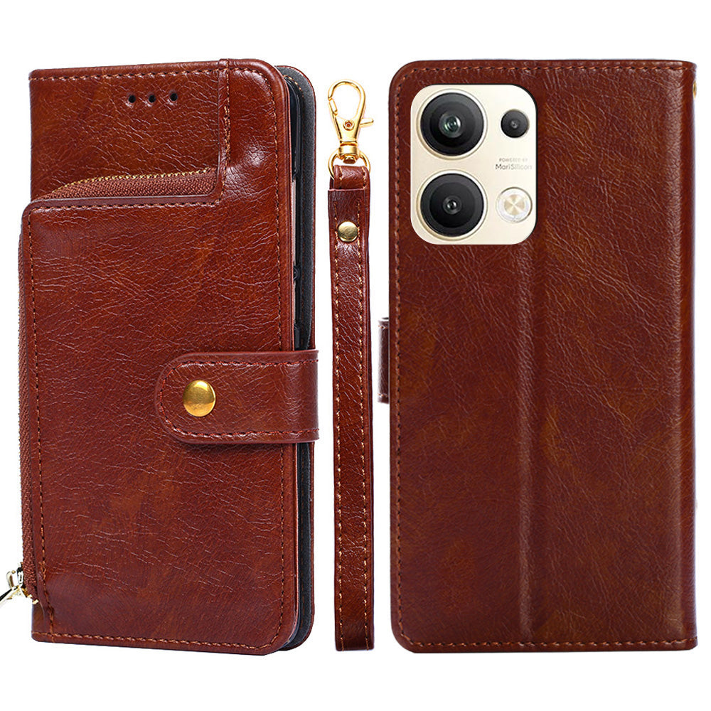 For Oppo Reno9 Pro 5G Zipper Pocket Wallet Phone Case PU Leather Foldable Stand Folio Flip Cover with Handy Strap