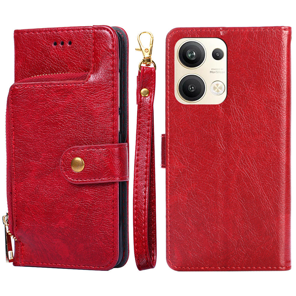 For Oppo Reno9 Pro 5G Zipper Pocket Wallet Phone Case PU Leather Foldable Stand Folio Flip Cover with Handy Strap