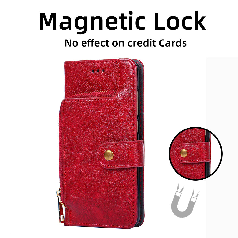 For Oppo Reno9 Pro 5G Zipper Pocket Wallet Phone Case PU Leather Foldable Stand Folio Flip Cover with Handy Strap