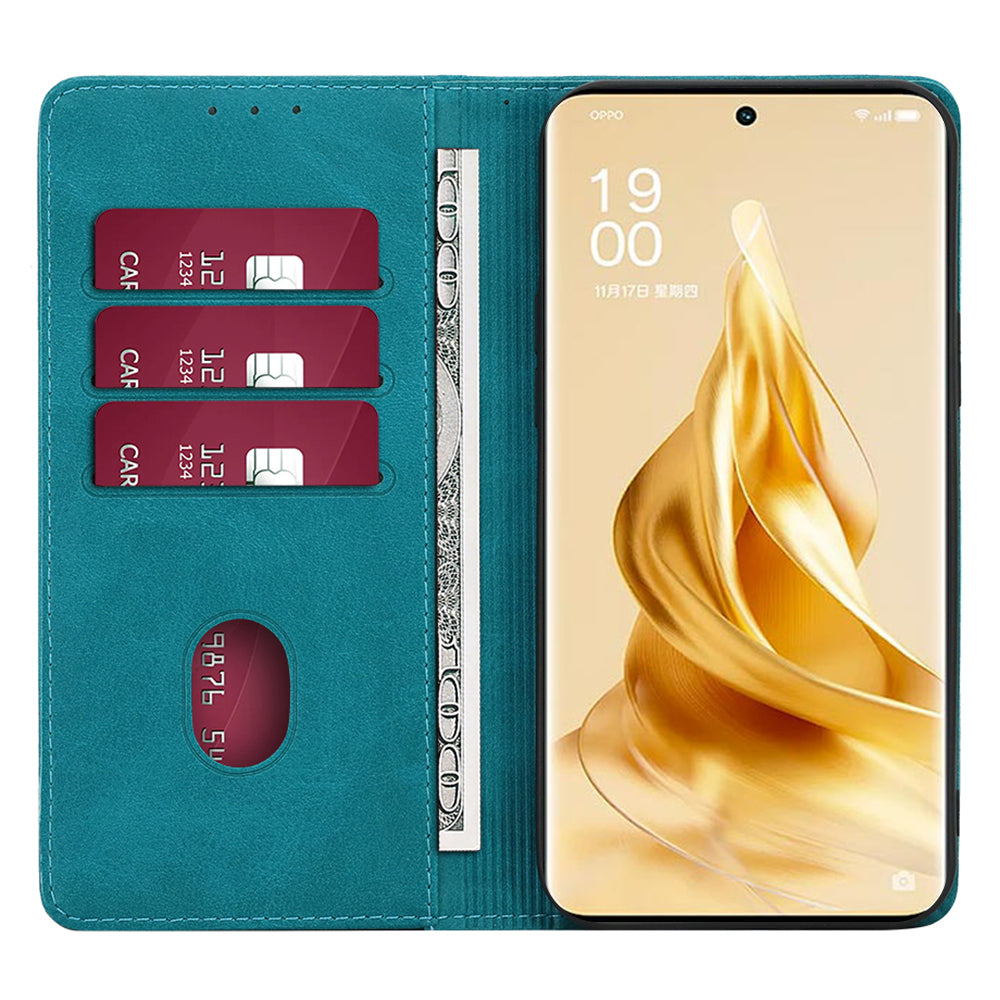 For Oppo Reno9 Pro 5G Calf Texture PU Leather Wallet Stand Cover Magnetic Auto-absorbed Folio Flip Phone Case