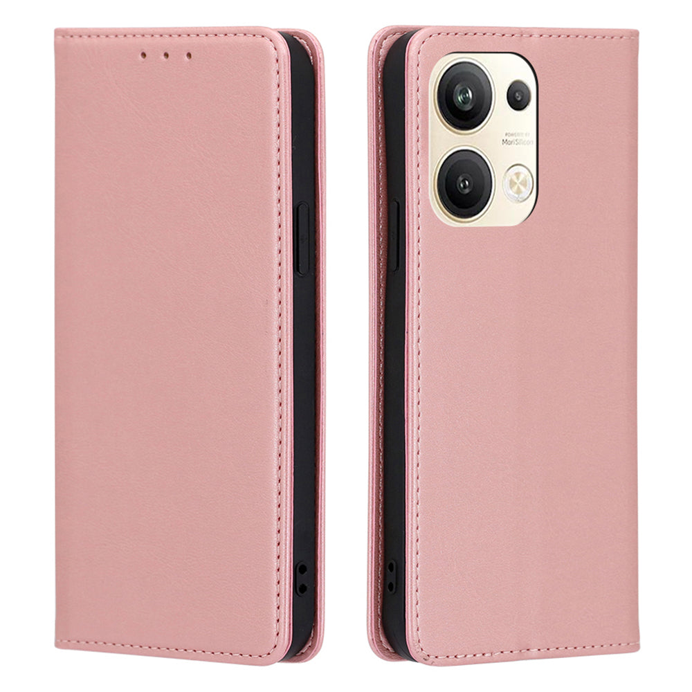 For Oppo Reno9 Pro 5G Calf Texture PU Leather Wallet Stand Cover Magnetic Auto-absorbed Folio Flip Phone Case