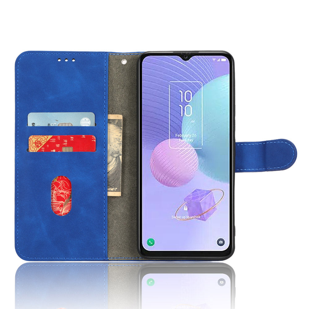 For TCL 405 Drop-proof PU Leather Phone Case Foldable Stand Wallet Skin-touch Feeling Flip Cell Phone Cover Stand with Wrist Strap