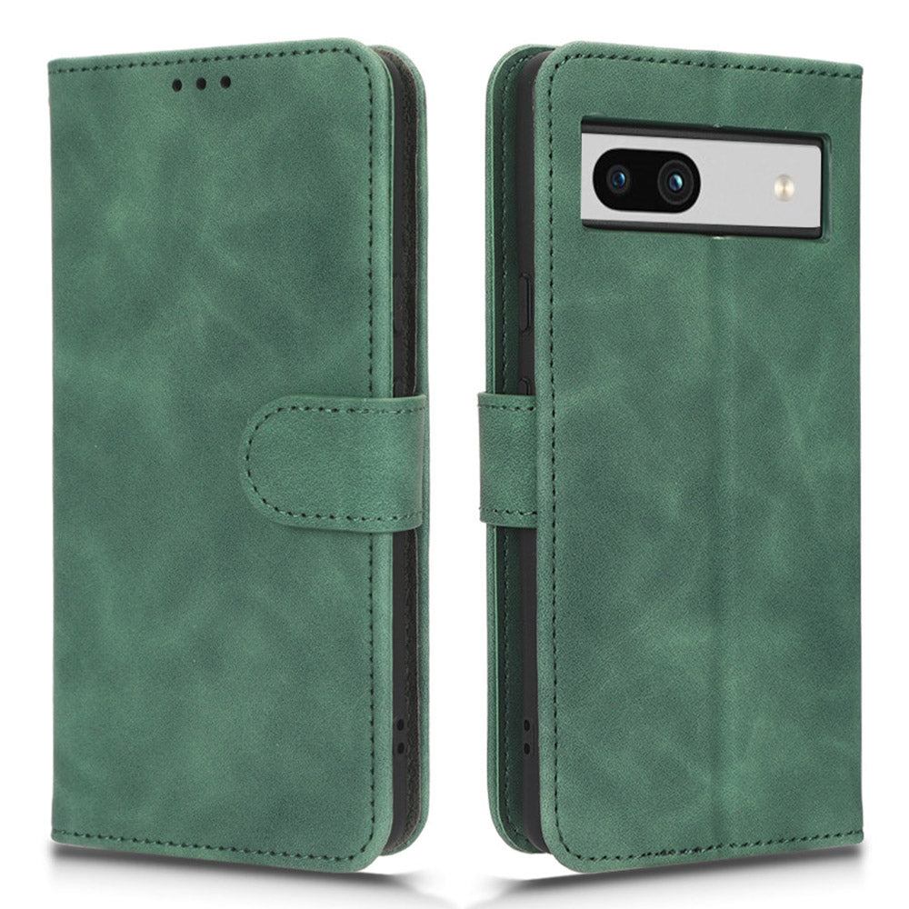For Google Pixel 7a Skin-touch Feeling PU Leather Flip Wallet Case Full Protection Anti-wear Cell Phone Cover Stand with Wrist Strap