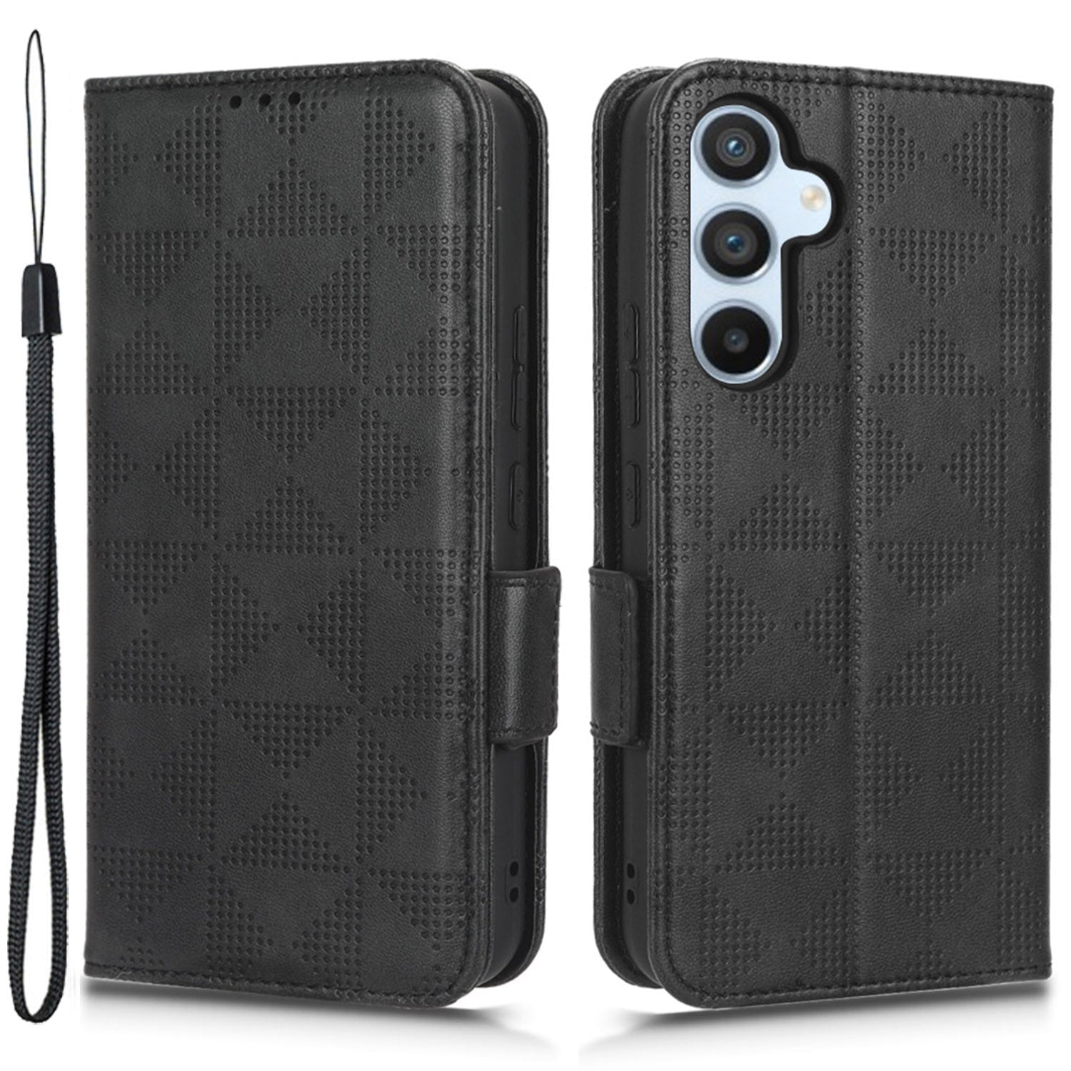 For Samsung Galaxy A54 5G Anti-Drop PU Leather Wallet Protective Phone Case Imprinted Triangle Pattern Stand Cover with Wrist Strap
