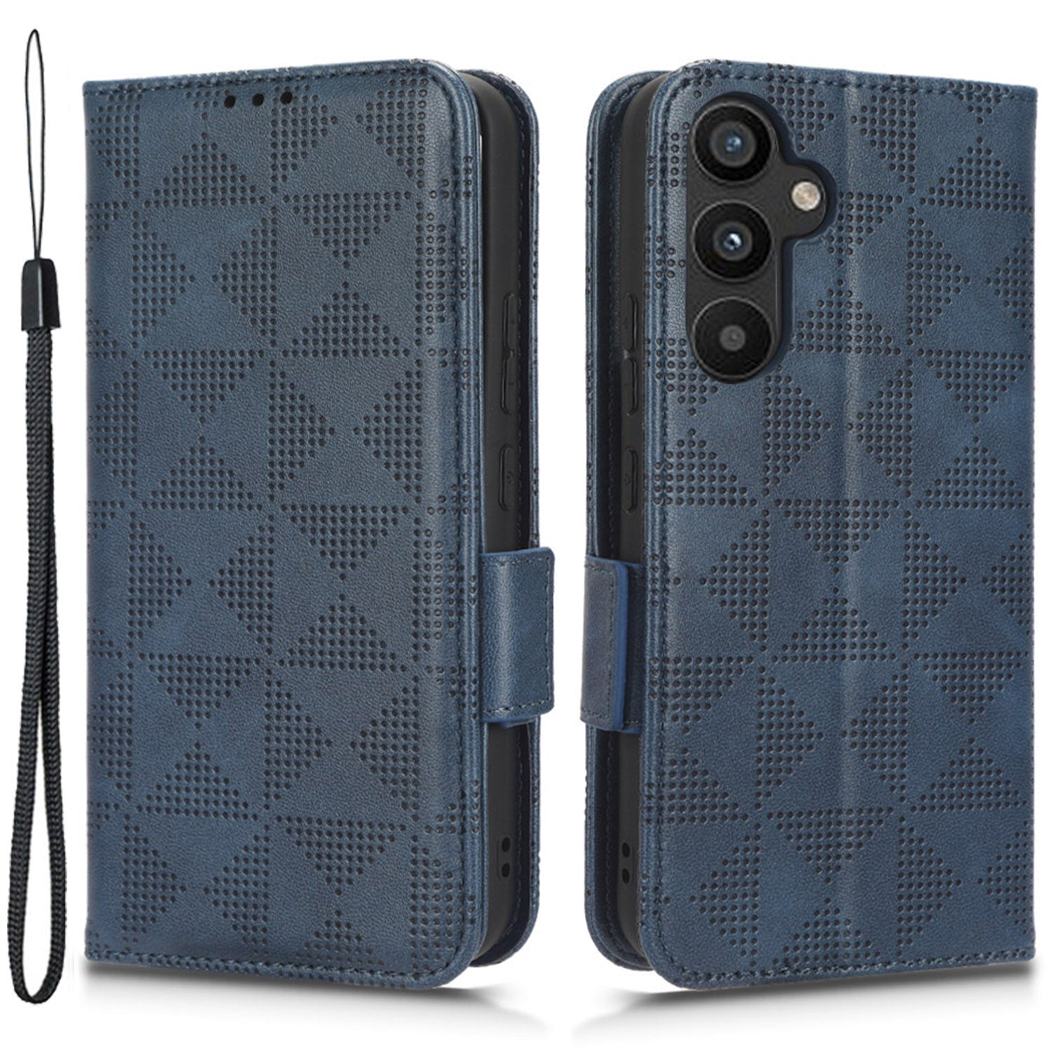 For Samsung Galaxy A34 5G Imprinted Triangle Pattern Phone Cover PU Leather Wallet Stand Cell Phone Case with Wrist Strap