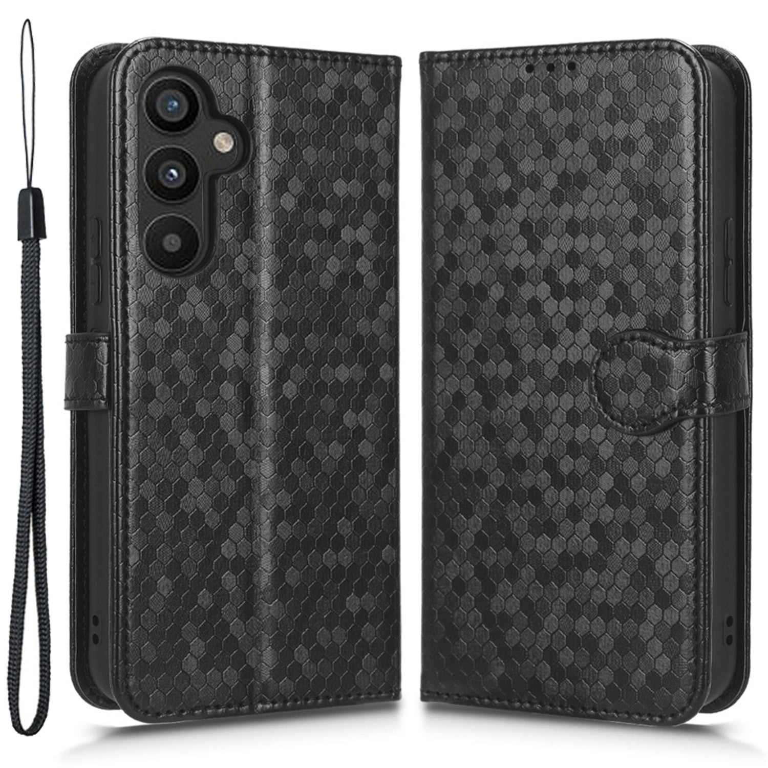For Samsung Galaxy A34 5G Dot Pattern Imprinted Phone Cover PU Leather Shockproof Wallet Stand Cover with Strap